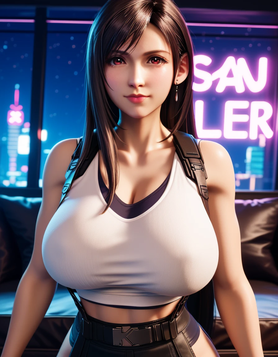 Solo, physically-based rendering, (muscular body shape),(huge fake breast:1.5), street city, slim waist, 11 line abs, big Hips, skintight leggings, (wearing cleavage Cyber Punk crop top, guard arm, glove:1.5), sweaty skin, clean skin, beauty model, 4K Resolution.