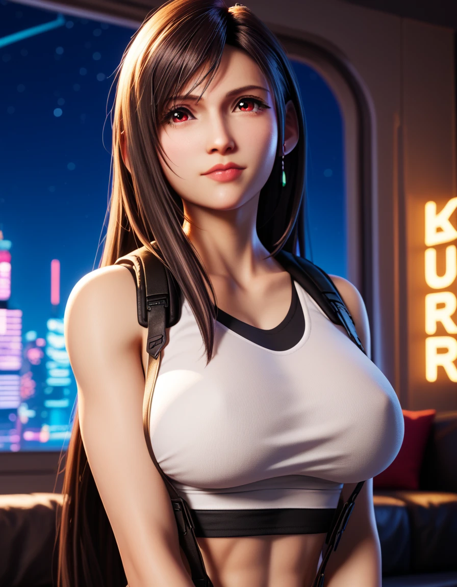 Masterpiece，The best qualities，Very high resolution，8K，((Portrait))，((Head close-up))，Original photo，real photo，digital photography， (Future world cyberpunk-style pop idol)，(Korean pop idol)，23-year-old girl，(Long Horsetail Hair)，Beautiful red pupils，elegant and charming，proud and beautiful，Smiling，(Big breasts)，(A cool coat，Be riotous with colour，An open coat，Silk，Open，Transparent plastic)，Cyberpunk figureuture Style，Neon light photo pose，neon city background，Movie lights，Ray tracing，Game CG，((3D Unreal Engine))，oc render reflection texture