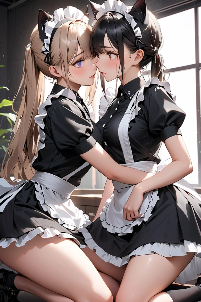 2girls, kissing cheek, playboy bunny, puckered lips, lips, closed mouth, closed eyes, masterpiece, best quality, absurdres, girl kissing girl on cheek, dynamic lighting, lighting effect