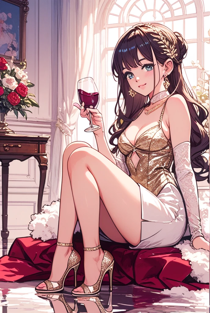 A woman sits at a grand long table with an elegant tablecloth, adorned with porcelain plates and silver cutlery. On the table are various types of beautifully decorated cakes, as well as crystal glasses filled with wine or champagne.The woman is wearing a sparkling evening gown, adorned with diamonds, gold, and gems. Her dress has a long train flowing on the floor. She is wearing a large diamond necklace, gold bracelets, and striking earrings. Her hair is neatly styled in an updo, adorned with a small tiara.With an expression of pure enjoyment, the woman is eating the cake with gusto, holding a large piece of cake in one hand and a spoon or fork in the other. A few cake crumbs are visible around her mouth, emphasizing how much she is enjoying her food.The background is a luxurious room with wood-paneled walls, classic paintings, and a crystal chandelier, adding to the sense of opulence. Additional details such as a stack of gift boxes wrapped with golden ribbons, a vase of fresh flowers, and an Angora cat sitting near her feet complete the picture.