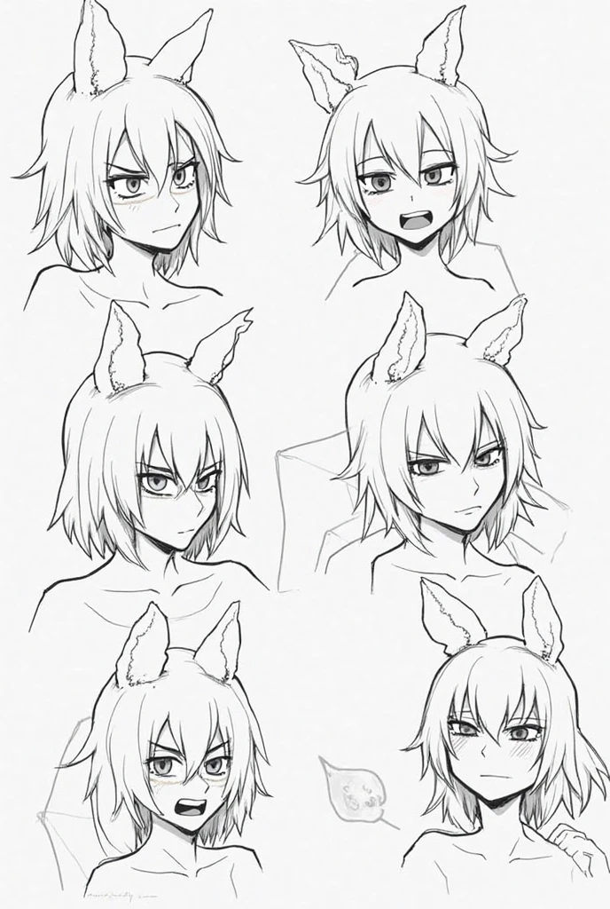 High quality, monocrhome, grayscale, 1girl, ((((Candy Candy anime style)))), (wolf girl, wolf ears, wolf tail), animal ears, animal tail, ((((short hair)))), ((silver white hair)), hair clip, ((hair tap eye)), long eyeslashes, eyeliner, (((small breasts, nude, small snipples, pussy))), ((timid pose)), ((worried, sad expression, mellancholic look)), portrait, close-up, (white background), closed_mouth, blush, eyelashes, detailed shadows, detailed body, detailed eyes, detailed lines, (((manga coloring, 4K))).