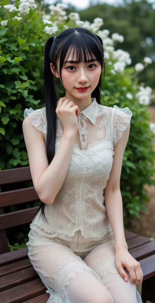 ((masterpiece)), ((highest quality、Ultra high definition)), (Very detailed),8K、Photo quality、((Amazingly cute girl)), 10years old girl, (Beautiful emerald blue eyes), ((smile)), white maid costume, In the open-air bath overlooking the sea, Beautifully arranged black hair in twin tails、whole body, (white see-through gothic lolita maid costume, skirt with lots of frills)、Professional Lighting、(White lace knee-highs)、