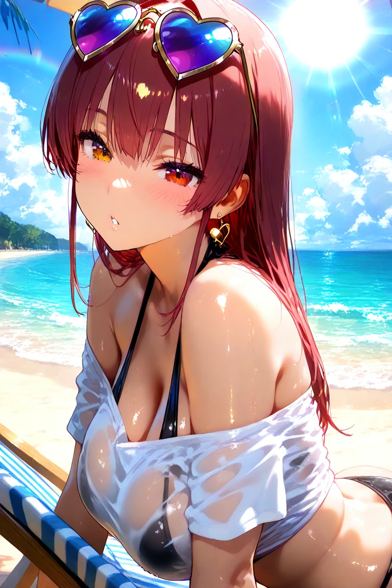 absurdres, high res, ultrasharp, 8K, {masterpiece}, expressive eyes, extremely detailed, best quality, perfect face, Stella Vermillion, 1girl, ruby eyes, long hair, yellow ribbon, crimson hair, hair ribbon, solo, beach, pleased, bikini, paizuri,