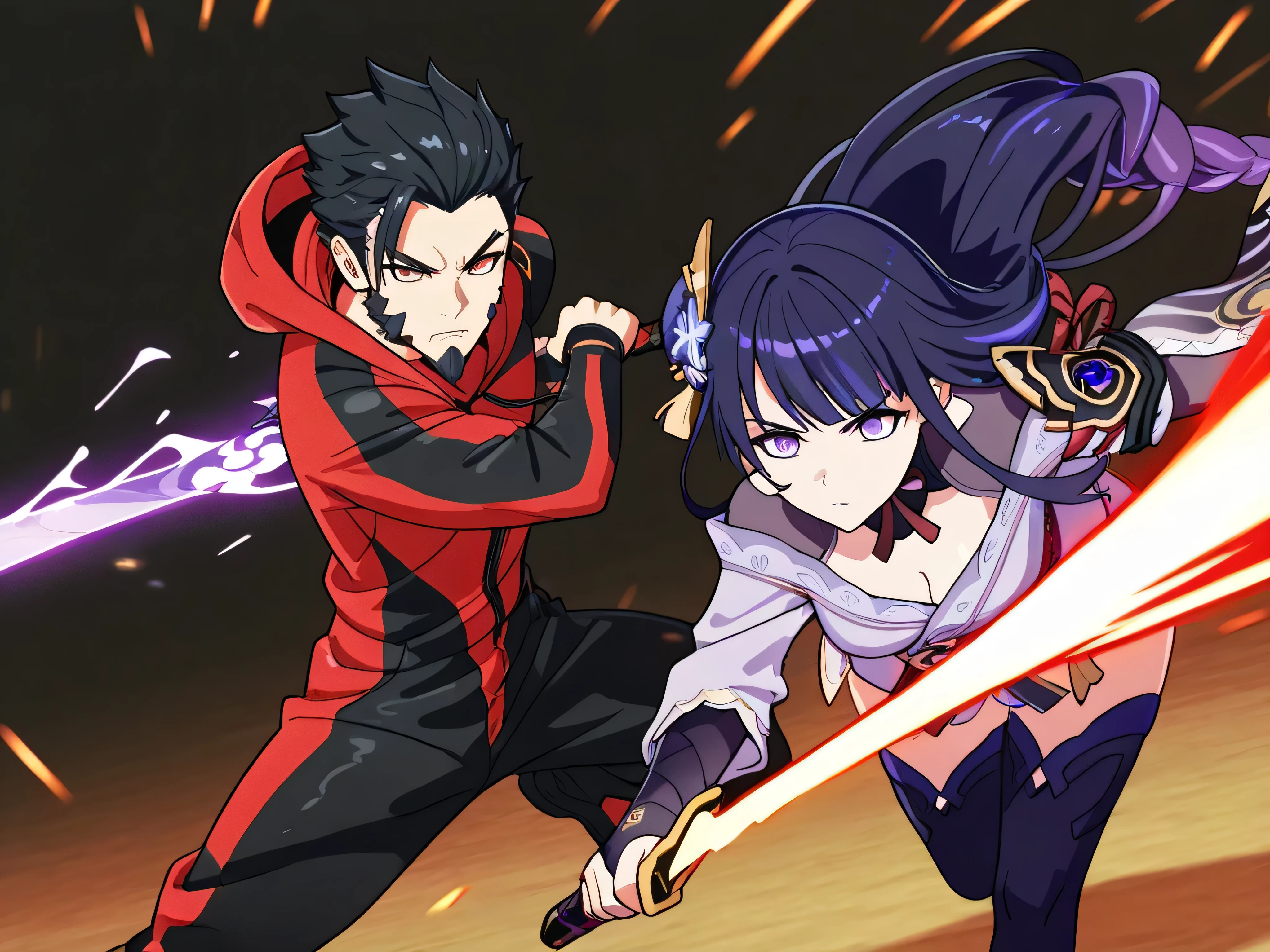 30 years boy (Atletic, dragon eyes), short high spike black hair Slick back, red eyes, curate beard,wears a red and black hooded jumpsuit, with a crimnson Dragon-arms scales . Raiden Shogun with her Musou Isshin , no background, Masterpiece, HD, 8k, 1boy, 1girl, couple, Raiden Shogun, long hair, purple hair, purple eyes, hair ornament, full view, dramatic, action pose, powerful movement, sword in motion, sparks flying, glowing energy effects, intense battle stance, wind sweeping through hair, fast-paced motion blur, cinematic angle, heroic, dynamic background, epic action scene, he attack to her dragon scales covered arms, epic fight