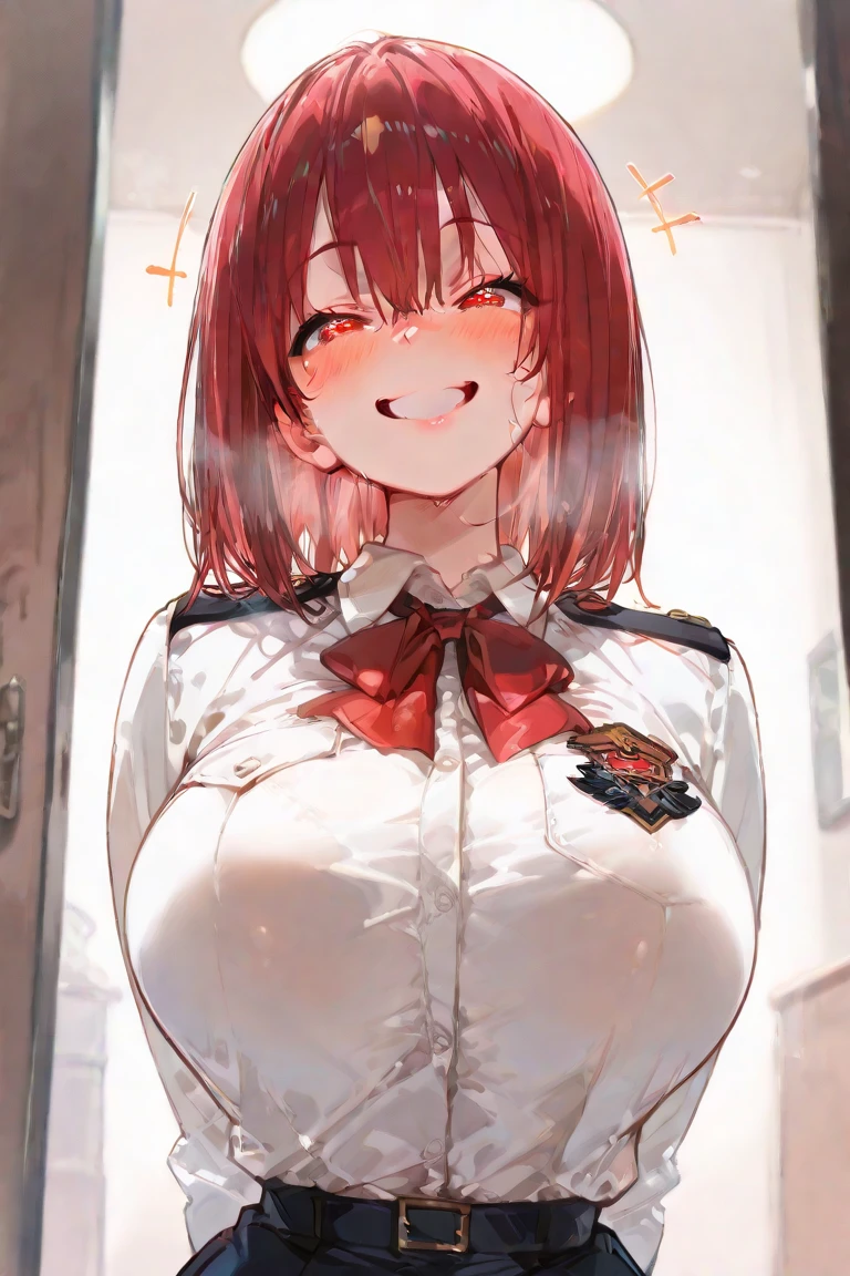 (Highest quality, 8K, 4K, High resolution, masterpiece:1.2), Very detailed, Anime Style:0.9, Realistic, Bright colors, Written boundary depth, Blurred Background,  alone, 1 female, (Red Hair, Short Bob,  Cut straight、Straight bangs, Dark brown eyes), Beautiful facial details, Beautiful Eyes, Long eyelashes, Soft lips, (Small face), (smile:1.3), Rear View,  ((uniform:1.2,  )), classroom, （Spread your with both hands）, Big cleavage,Nipple slip, Large areola,  Erect nipples,A tense and embarrassed look, Sweat, Blushing, My body is soaked,Wet Panties,Cloudy semen splattered on her chest,