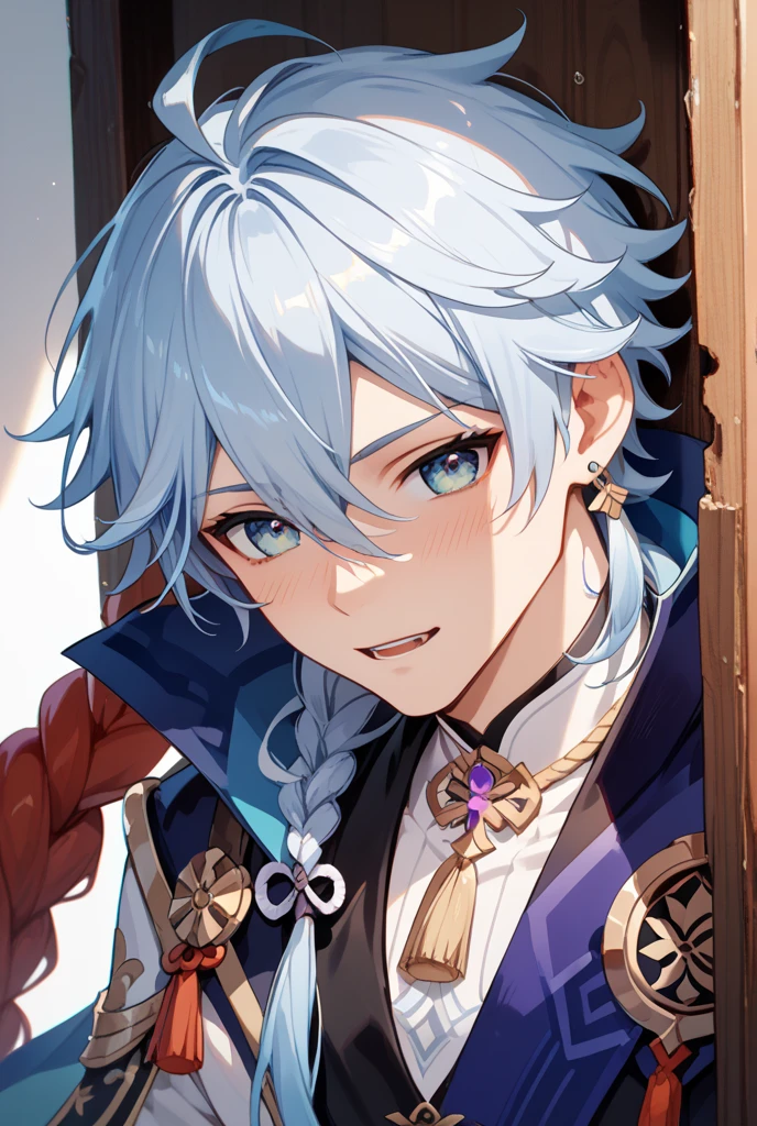 ,(((men's,male:1.3))),((White and darkblue hair:1.3)),(Shiny marble eyes:1.45),(NSFW:1.25),(A lustrous, soft face:1.4),(KISS Face:1.25)(A embarrassed and my face turns red:1.2),(Looking up:1.5),(Face front:1.3),((bed room:1.25)),((Gorgeous Arabian costume:1.3)),((arms up:1.2)),((Slave clothing:1.2)).
