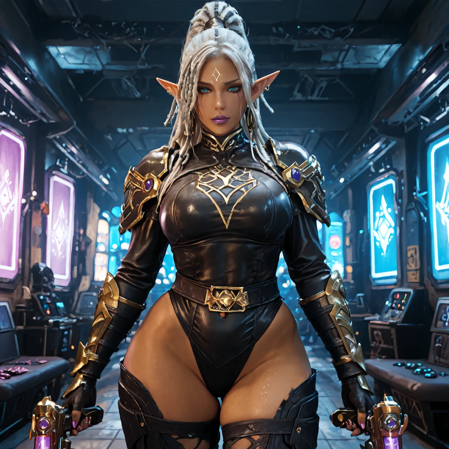 (perfect anatomy), (sports body), (big breastes), (thick-thighs), (perfect arms), (latex suit ), Pointed bracelets, looking a viewer, (Medium full-frame photography), (Background of the battle arena), (White dreadlocks)