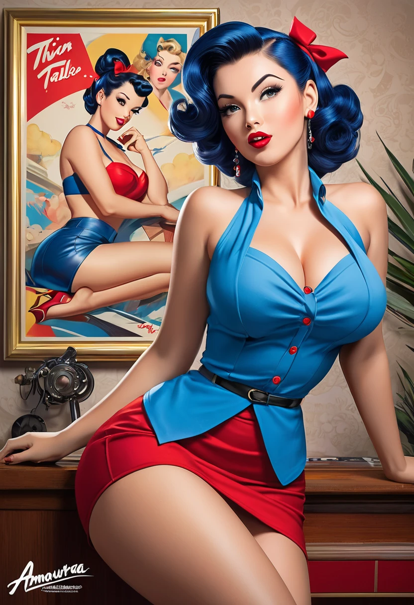 A closeup of a woman in a blue shirt and white shoes, fully clothed. sexy painting, comic pinup style,comic book character, hyper realistic