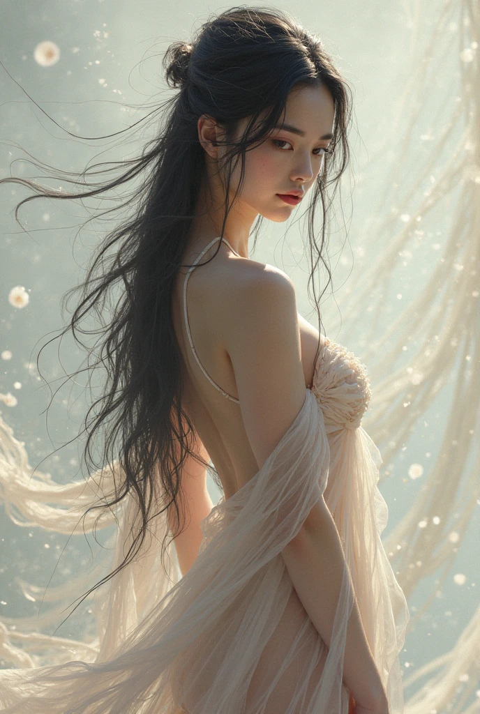 In the center of the image is the、A beautiful Japanese girl with long hair and cosmic beauty is depicted.。Her hair is black、It is tied in a ponytail at the back。Her expression was quiet、It creates a meditative atmosphere。I have my eyes closed.、The calm appearance is impressive.。
She wears an intricate and delicate bodysuit。The bodysuit is made of pale white and transparent material.、It features flowing lines。
The background is painted in a simple pale green tone.、It highlights her figure。The background has a transparent fluid effect.、It creates a fantastic atmosphere as if you were underwater.。These fluids take on complex shapes.、It reflects light and shines brightly。
The use of light is also very clever.、The light reflecting off her skin and bodysuit is beautifully rendered.。The reflection of light combined with the transparent fluid、It creates a very fantastic effect。
as a whole、This image depicts a woman of elegant and mysterious beauty.、Gives a strong visual impact to the viewer。Her serene expression and flowing dress、And the transparent effect in the background blends in beautifully.、It offers a highly engaging visual experience。This work is packed with fantastical and artistic elements that users love.。