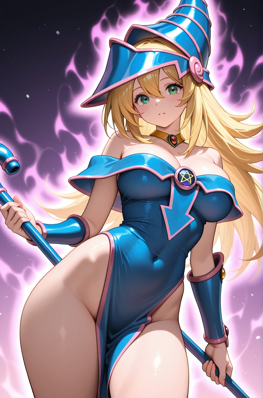 (Obra maestra:1.2), (La mejor calidad:1.2), Perfect lighting, Chica Maga Oscura lanzando un hechizo, flotando en el aire, tetas grandes, escote, desde arriba, Destellos de magia. Luces artificiales. Pose sejustiva y sexy
