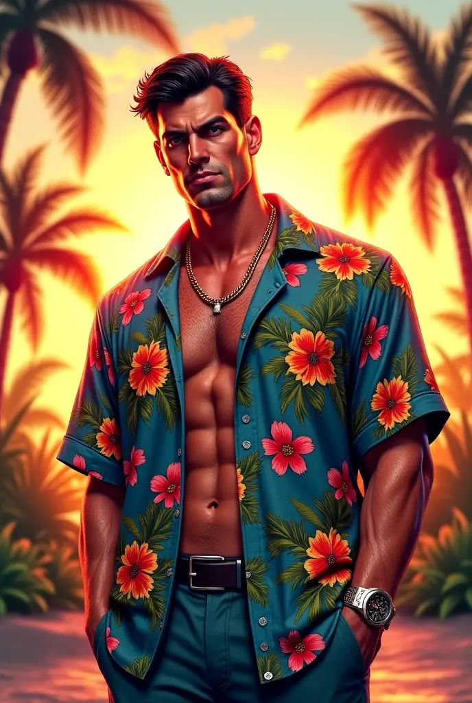 lifelike，（masterpiece，top quality，best quality，official art），Very detailed，rich and colorful，most detailed，God，shorter hair，blonde，Handsome man，Collar，Shirtless，suburbs，Sun Glasses，muscle，Chest muscles，tattoo，Nipple rings，Tropical plants，street spray paint