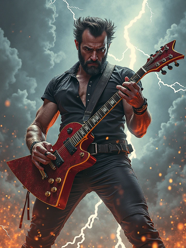 Super shock hero playing guitar. digitl art, 8k, surreal, swirly vibrant colors, explosion behind, in war.