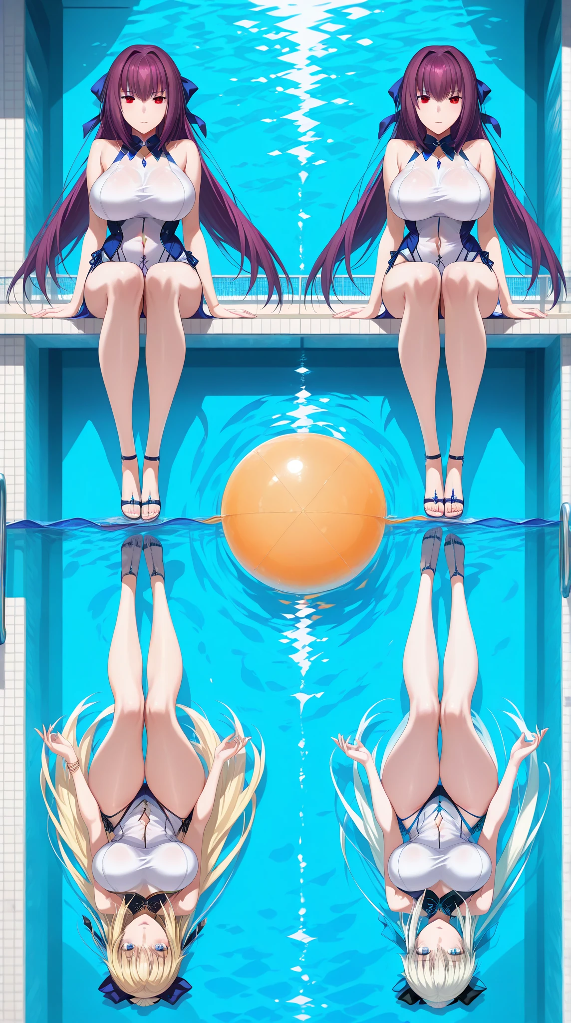 2girls, standing_split,standing solit, full body, standing_on_one_leg, masterpiece, best quality, very aesthetic, absurdres, ,under sea,floating_hair,