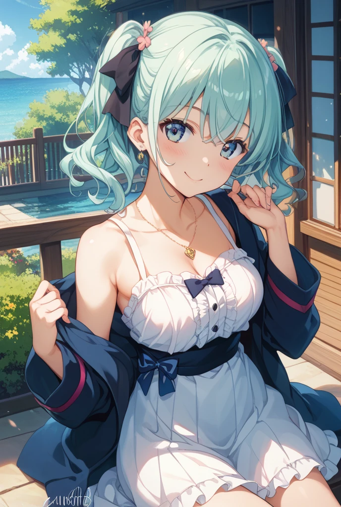(masterpiece:1.3), (highest quality:1.3), High resolution,
cowboy shot,
leaning forward, body facing forward,
(one cute girl),Rem,Re:zero,alone,
white skin, big breasts, eight-headed person,
light blue hair, (bob hair:1.2), (short hair:1.2), (dull bangs:1.2), beautiful hair, blue eyes, beautiful and fine eyes,
blush, open your mouth, heart, bright smile,
white dress, earrings,
outdoor, (night:1.2), Ocean, beach, Starry sky in beautiful detail,
Shadow Lighting,
