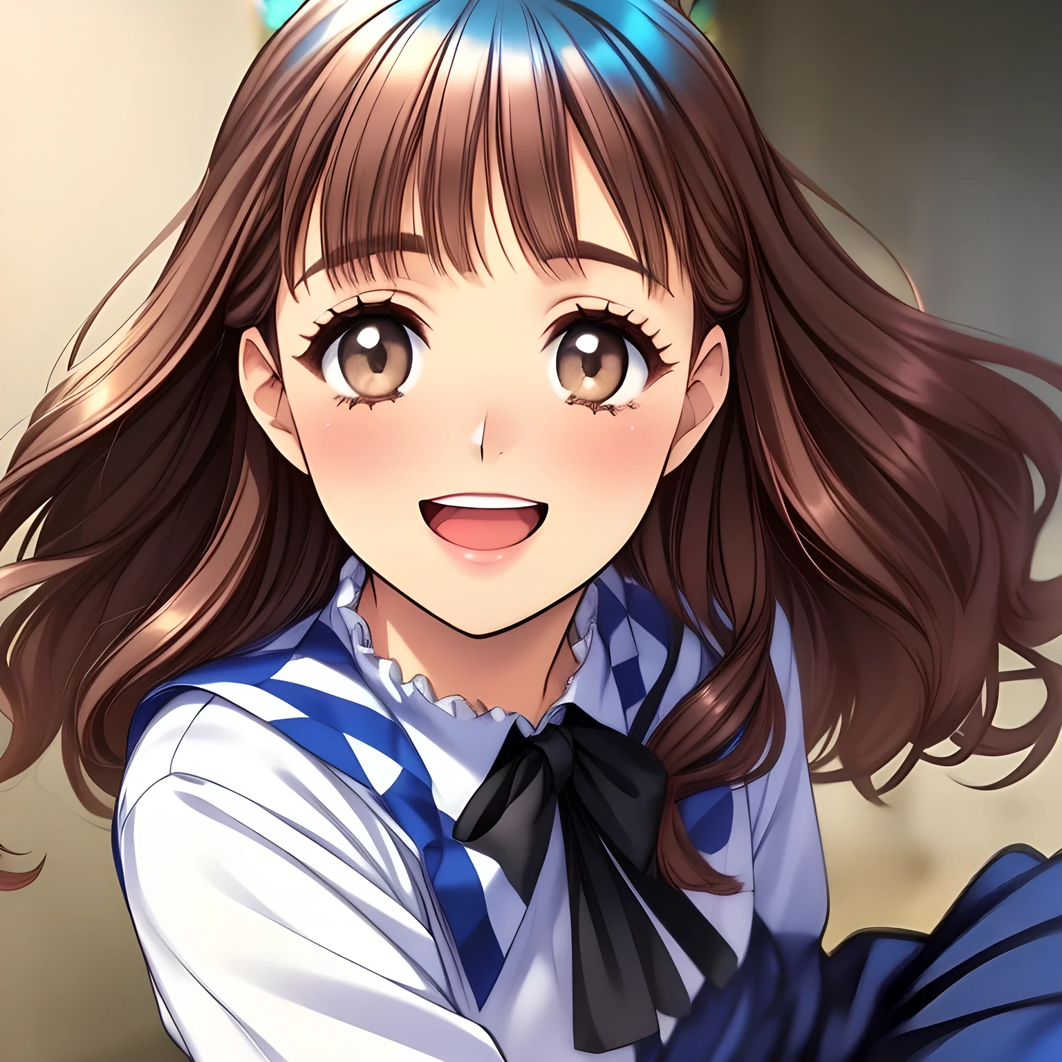 (highest quality, masterpiece:1.2), highest quality, High resolution, 1080p, 8K, (My beautiful pretty girl friend is (walking beside me), turning to me, looking me up, hypnotizing me by neat beauty, ((laughing at me)), (love-story comic heroines), (intelligent and perfectly balanced slender style), feeling too funny, amazingly neat & clean, in peace and neat lovely strong charm, cutely tilted head), (Too noble beautiful lady like a love-story comic heroine), (laughing like watching a comedy), A very lovely, very noble, pretty and pure beautiful girl. ((Bursting out Laughing very elegantly)), ((white grown face)), Using expensive whitening cosmetics by cosmetics artist: 1.2), (pamper and spoil you: 2.0), (curled) bangs, (Too beautiful blue fascinating shiny (double-lidded) (brown eyes) with love to the viewer, ((deep upper girly eyelid)), ((huge eye pupils)), laughing with detailed clearly: 1.5), (Dark blue vest school uniform, (Neat smart (white school frilled blouse))): 1.8), (A very neat, ((realistic), (dark-blue) pleated blue school (beautifully checkered) skirt): 1.6), (too pretty shiny big (red realistic school ribbon tie)): 1.5), (Shiny love-story heroine lips, extremely laughing open mouth: 1.0), ((amazingly beautiful black bobbed wavy hair is blowing in the wind: 1.5)), (Hair Ribbon ties (black hair), The ribbon is big and very pretty), (Tight waist, slender: 1.5), (The background is (plain black space) to emphasize their fascination: 1.8), (The lady knows well about the viewer's love for her school uniforms, and satisfies it completely as the viewer's desire: 1.7), (Everything is organized to have strong effect to spoil the viewer to fall into happy dream with many pampering girls: 1.5), (The viewer must be transferred to the world of the beautiful girls right now: 1.5), (take a side shot of walking beauty beside me turning to me: 2), (she is emerging up into the real from the picture, giving luck and pleasure to the viewer: 2.0)