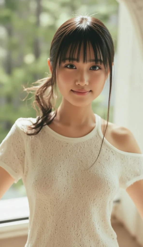 masterpiece, ultra high res, (photorealistic:1.4), 8k, RAW photo, best quality, detailed shadow, sharp focus, bloom, (bokeh:1.3), (blue Hour Light:1.6), (woman posing for a photo:1.5), (cowboy shot:1.3), (close up:1.5), (looking at viewer:1.2), break 1girl, (laugh:1.5), (open mouth:1.4), (light brown hair:1), (wavy hair:1.6), (short bob cut:1.5), (bangs:1), (small breasts:1), (perfect face:1.4), super detailed beautiful skin, (abs:0.7), (round face:1.5), (wide forehead:1.25), (skinny:1.2), (fair skin:1.5), (transparent skin:1.5),(Japanese idle:1.5), (loli face:1), (detailed and structured patterns:1.6), (18 years old:1.5), (White tight Japanese Gym Uniform:1.6), (black tight buruma:1.6), (latex:1.1), (Post town in the Edo period:1), (A row of buildings from the Edo period:1), (ridge road:1.4), (dirt road:1.4), (Japanese Geta:1), (outdoor:1.2), (street:1.2),