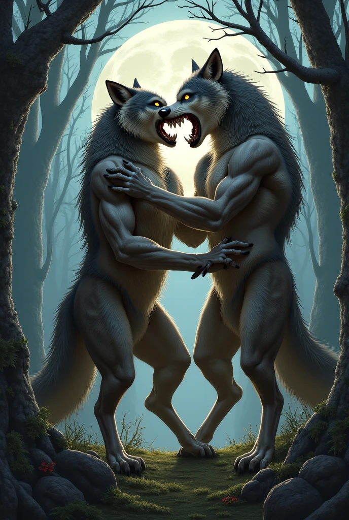 a high resolution, highly detailed, detailed face, An unsurpassed masterpiece, absurdity, a pack of werewolf monsters posing standing, three characters, hands behind your head, smile, glad, Long penis, Fur Balls, detailed genitals, beard, holding each other close, Excited, erect, night,