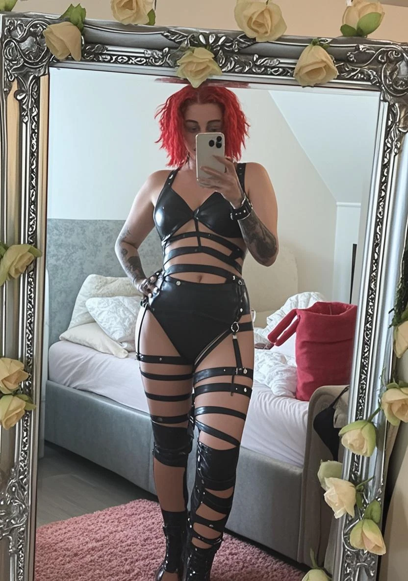 (((Beautiful punk woman))) with a coloured Mohawk and shaved underside hairstyle, (((little bikini))), piercings, ((tattoos)), ((boobs redond)), intense eye contact, face and upper body image, pink hair, ((((full body)))), (((bedroom)))
