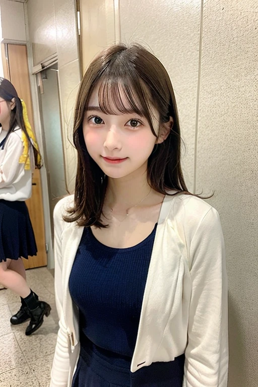 In detail,Full body photo、 One high school girl、High resolution, high quality、Slim body、Perfect dynamic composition, Beautiful fine details, Natural Shorthair、Natural color lip,Kamimei、14-year-old girl、Clear Skin、Navy blue sailor suit with short sleeves、Red mini skirt、Thighs、Shiny Hair、最high quality, figure, Very detailed, In detail, High resolution, 8k、The correct state of the human body、Sculpture model pose，Yellow wall,Thighsが見える、smile、