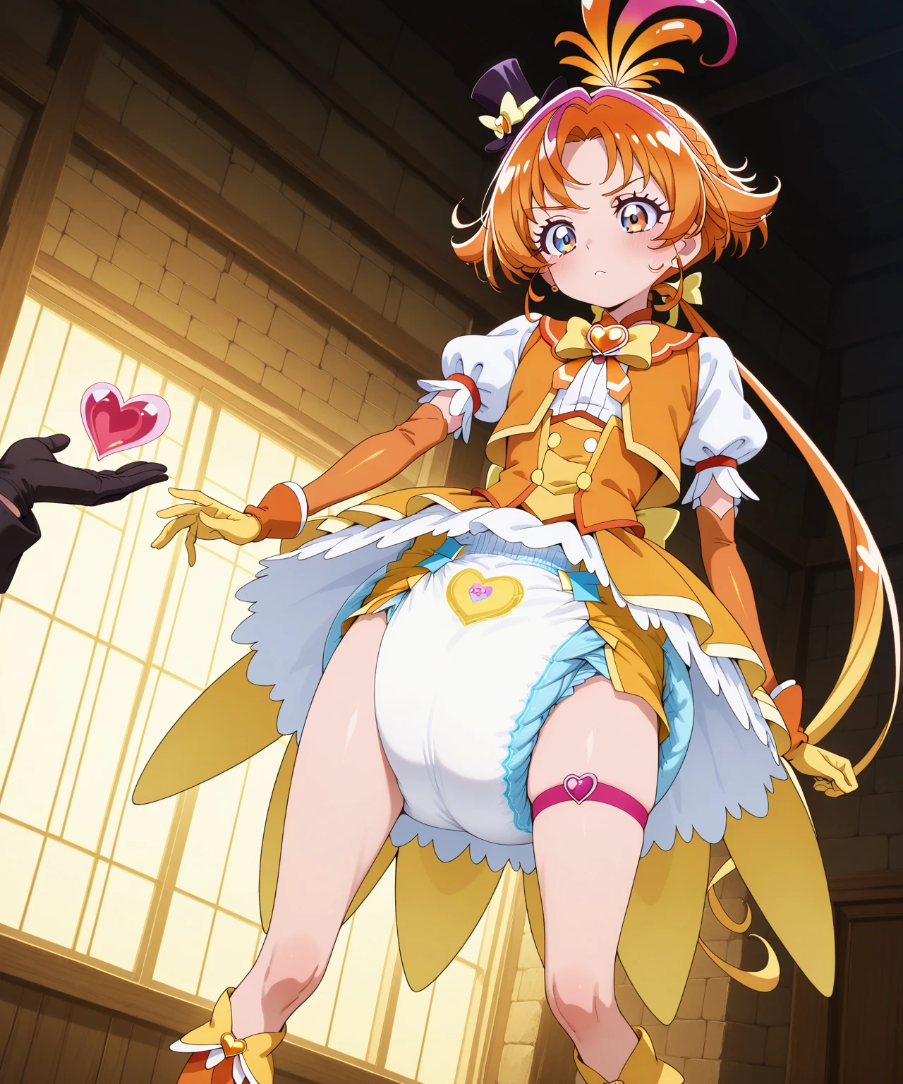 ojfjwrhzkmgc, glasses, smile, standing, full body, indoor,(((lift skirt,panties)))