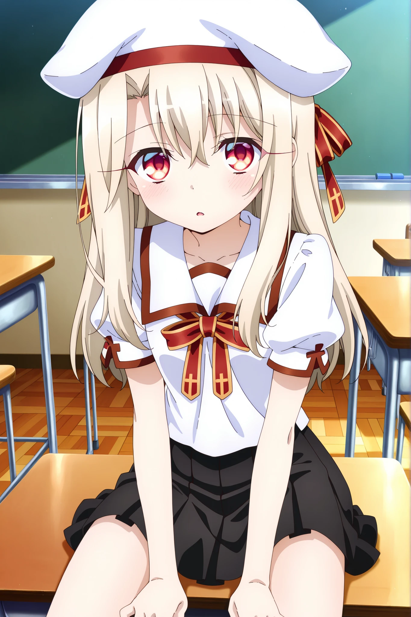masterpiece, best quality, amazing quality, absurdres, highres,(anime screencap:1.4),solo, 1girl,illyasviel_von_einzbern , red eyes, long hair,homurahara academy school uniform, white shirt, short sleeves, red ribbon, pleated skirt, white beret,classroom ,sitting