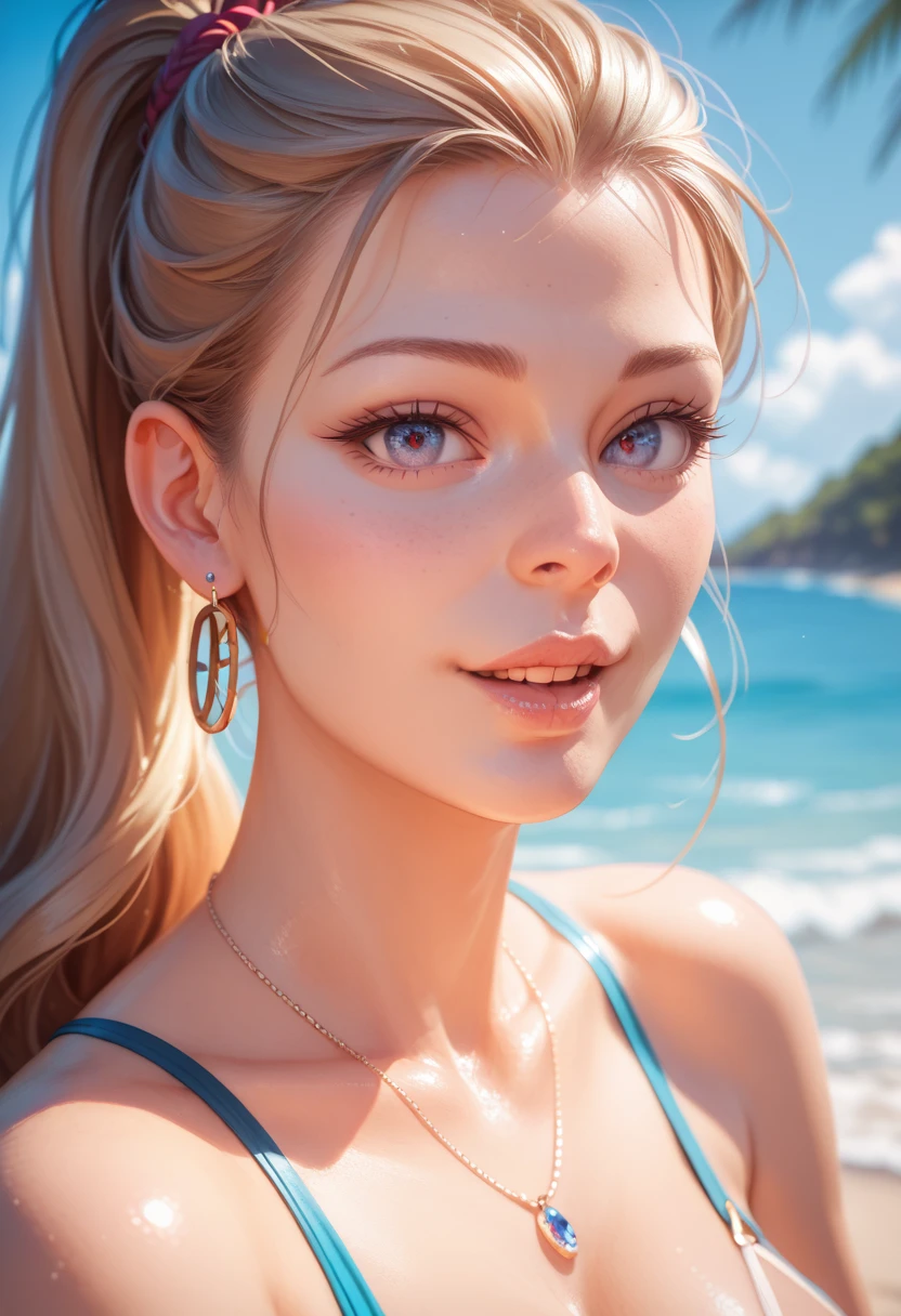 delicate, masterpiece, beautiful detailed, finely detailed, intricate details, (realistic:1.2), (flattering light:1.2), (film noise:1.4), (full body), (1realistic), (looking at viewer:1.2), EyeDetail, fFaceDetail, fHandDetail, (proportional head), (detailed face), (masterpiece), (best quality), (ultra detailed), (illustration), heart-shaped face, Princess Peach, blue eyes, blonde, athletic body, busty, beach, sunny, (heart-shaped bangs), (hair bun), (oiled body), naked, nude, laid on towel on the beach, (prone position), (laid prone), laid on her back, shiny skin, tan-lines, lotion on skin, breasts sagged to sides, detailed breasts,