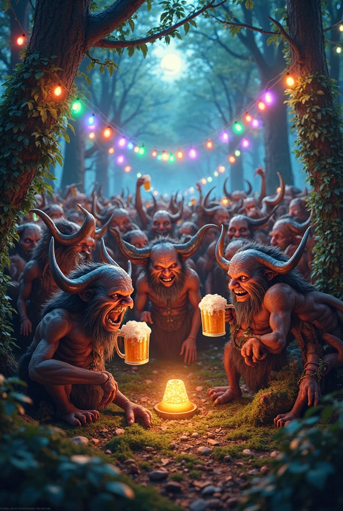 High resolution, Goblins and orcs feasting, smiling, wild parties,