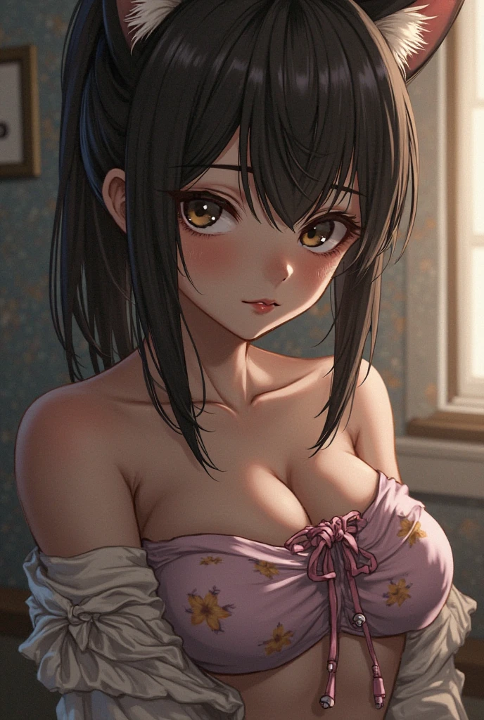Realistic、anime、Big eyes、Strong sexual desire、リアルanimeスタイル、エロanime、Hime-kun、Princess、Looking down from above、bed、Sit sloppily、Disheveled white kimono、Open the chest、Place your hands on your chest、looking at the camera、Looking up、Showing nipples、Long black hair、Black-haired beauty