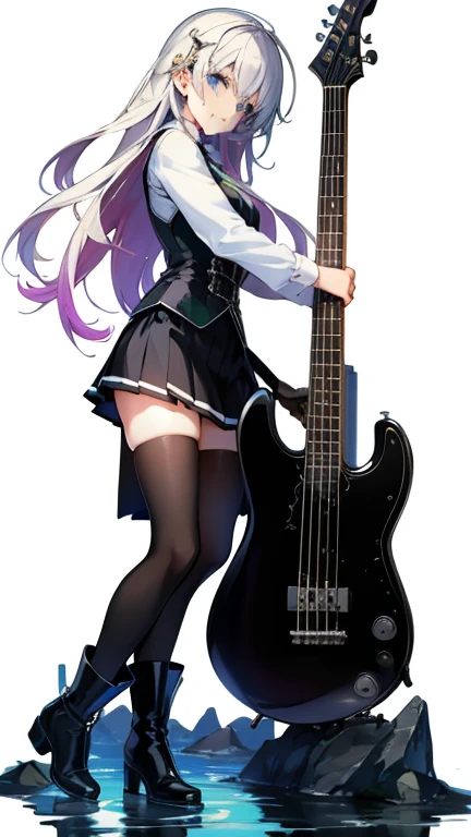 1 girl, black berets, long lilac hair, purple and white eyes, closed eyes, flat chest, white short sleeves, black short skirt, over-the-knee socks, dark canvas shoes, purple and black guitar, black wristband, detailed hands, detailed legs