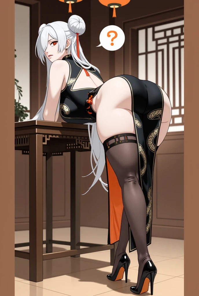 ph4nt0m01l, realistic, score_9, score_8_up, score_7_up, erotic portrait, chinese room, from below, from behind, kneeling, bent foward,
ningguang \(genshin impact\),, 1 girl, solo, blush, medium_breasts, smile, soft smile:0.1, ((white and gold china dress)), black elbow gloves, hair stick, red tassel hair ornament, high heels, detached sleeves, tight fit, curvy, medium breasts, (sagging breasts:0.5), white pussy hair, anus, hairy anus, focus soles, feet soles close up, soles, sweaty feet:1.4, wet, dripping with sweat, sweat drip from the feet in the high heels,, extreme sweat shine, perfect feet, steamy feet:1.8., smelly feet, steaming body:1.5, black high heels, removed, feet just taken off from the high heels, steaming heels:1.6, filthy high heels, removed high heels on the floor, perspective, detailed, high quality,