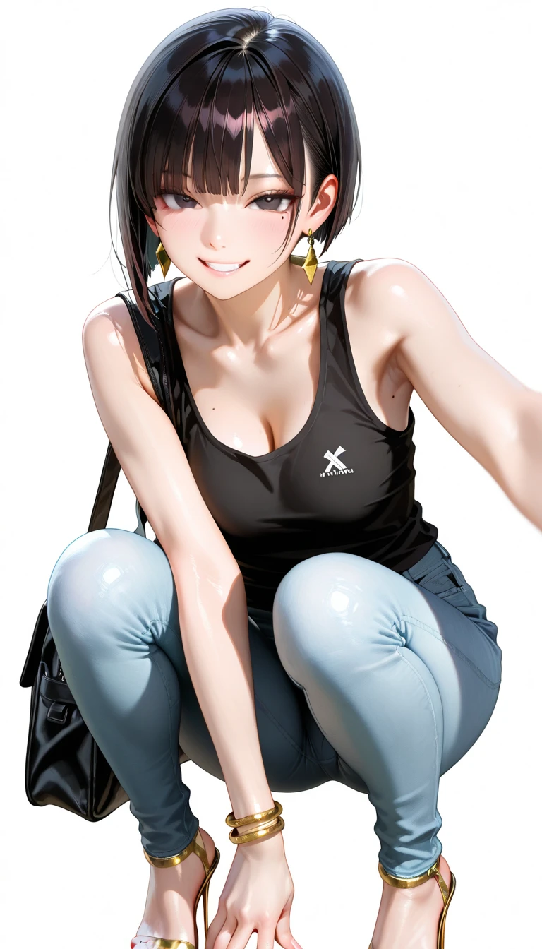 smile、whole body、long jeans、Are standing、1 person、sports bra