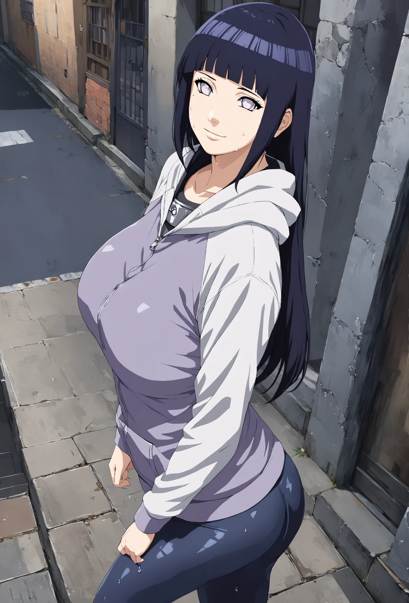 1girl, Hinata Hyuga, long hair, blunt bangs, dark blue hair, white eyes,  konohagakure symbol, purple and white hooded jacket, huge breasts, big butt, tight leggings, sweaty butt, sweaty leggings, smelly butt holster post-workout, hoodie, zipper, seductive smile, looking at viewer, (masterpiece, best quality, Professional, perfect composition, very aesthetic, absurdres, ultra-detailed, intricate details:1.3)