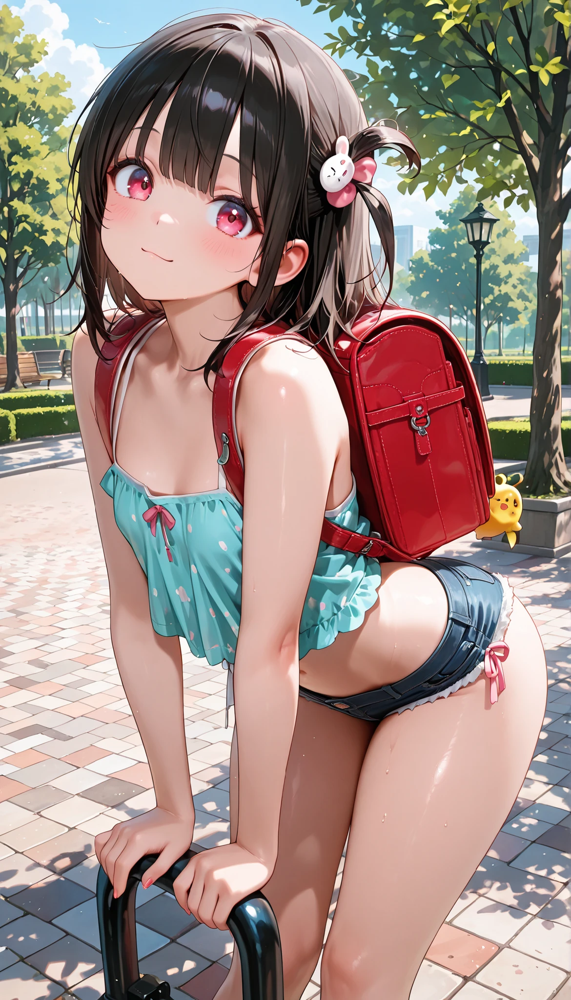 (masterpiece:1.2), 8k Resolution, high resolution, (1 cute girl),backpack,beautiful girl leaning forward,Beautiful skin, Radiant Skin, Micro shorts,Park Background,