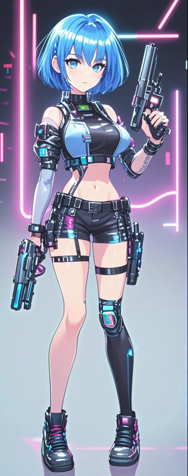 a cartoon image of a woman with pink hair and a gun, inked and colored, female cyberpunk anime girl, oppai cyberpunk, anime character; full body art, cyberpunk anime girl, ecchi style, female action anime girl, chiaki nanami from danganronpa, fine details. girls frontline, commission for high res, from girls frontline, yandere intricate