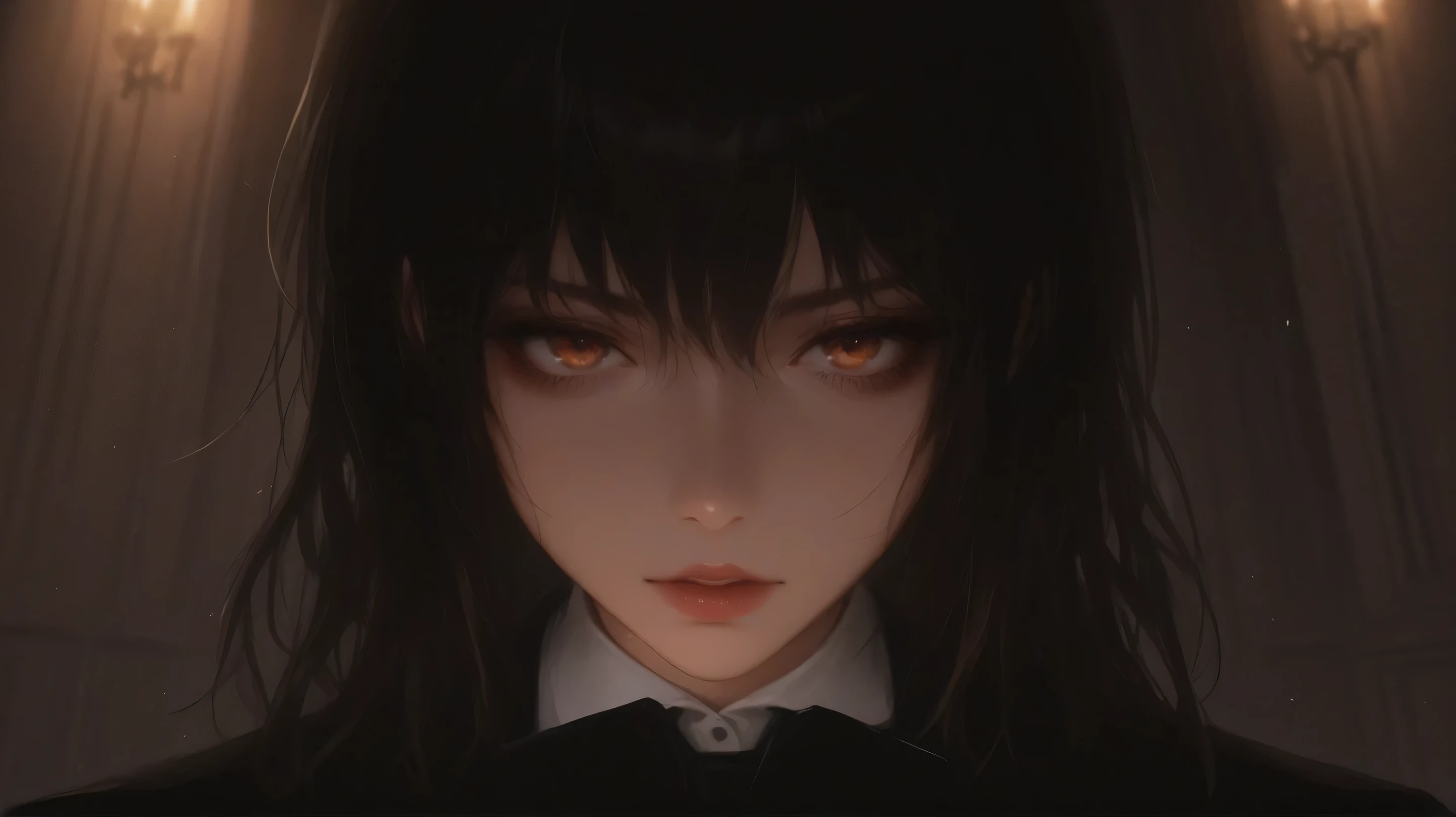 one woman、masterpiece、top quality、Delicate Expression、fantastic atmosphere、 Last Battle、middle ages、formal black suit with rugged eyes 、No expression