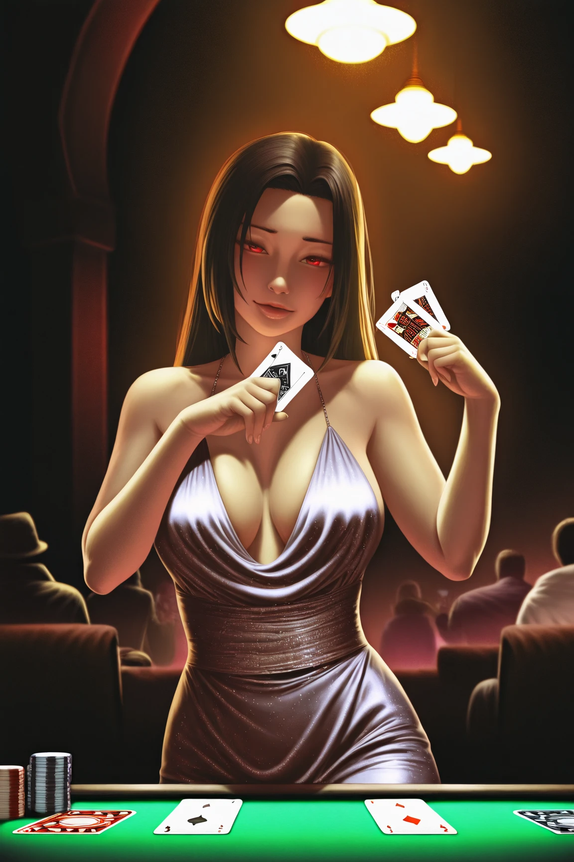 nagisa, 8k CG, perfection, masterpiece, alone, One girl, Embarrassing, (anger:0.5), casino, rich, ((naked)), necklace, Earrings, Golden, Large Breasts, Cleavage, Face Focus, Glowing Skin, Elbow hand pockets, (Dark Skin:1.2)