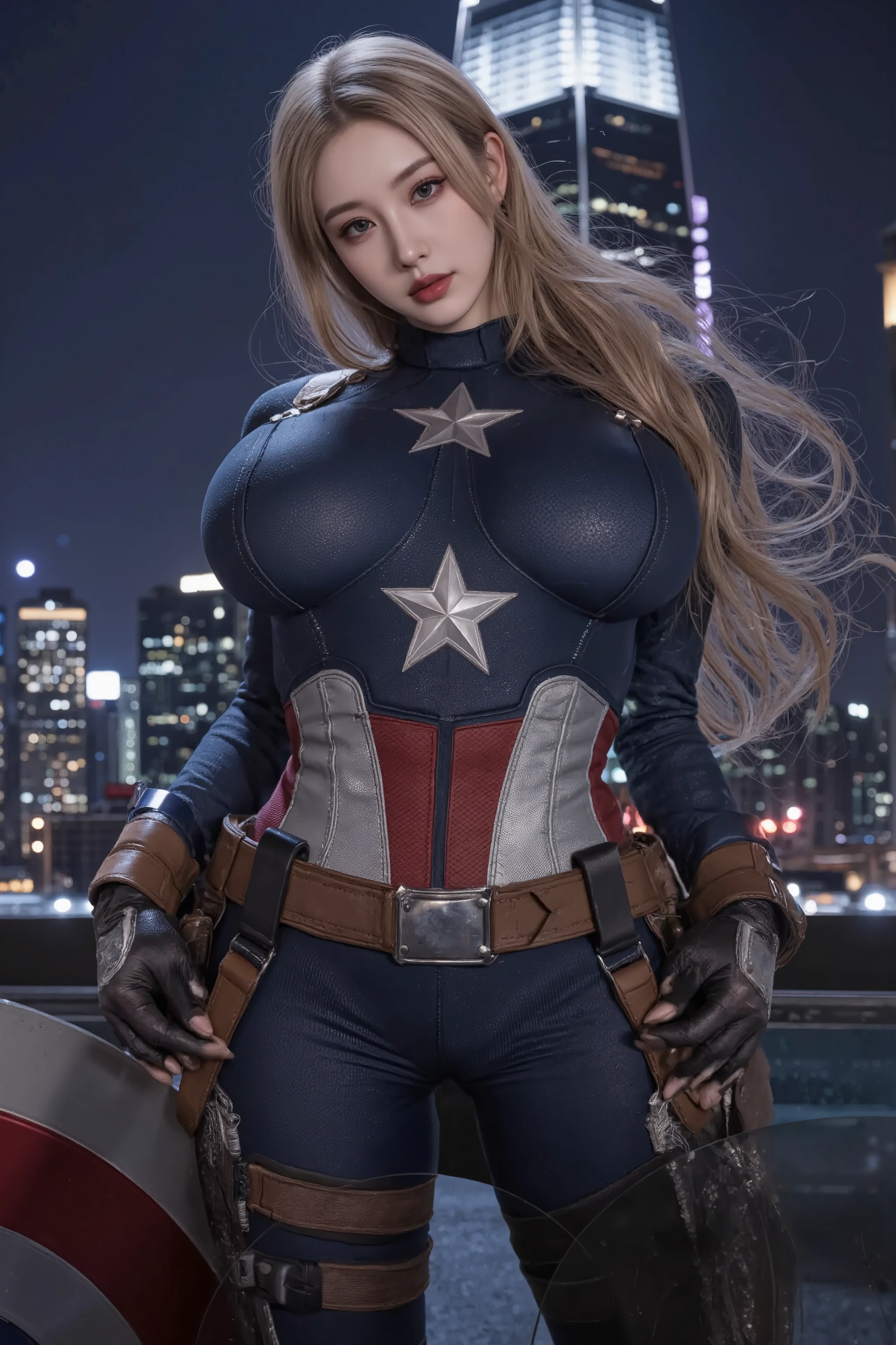 1 girl, (((17 years))), (((Perfect body))), masterpiece, best quality, 8K, Extremely detailed skin texture, Extremely detailed fabric texture, Beautiful and delicate face, (((Extremely beautiful))), Intricate details, Extremely detailed, ((Captain America imitates Captain America)), (((straight blonde hair))), Extremely beautiful blonde, (((Extremely detailed long hair))), big red hairtie, Ponytail, Dynamic poses, ((Clothes that show thighs)), (Extremely detailed legs), ((shorts)), ((skirt)), (((Wide hips))), (Extremely detailed thick thighs), Sexy, Seductive pose, (((Extreme hourglass figure))), Extremely detailed deep red lipstick, Extremely detailed lips, Extremely detailed blue eyes, Beautiful appearance, (Slanted eyes), Extremely detailed provocative mouth, Extremely beautiful seductive lips, blush, Professional Makeup, Eyeshadow.
