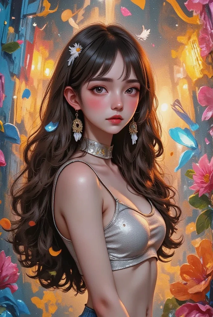 digital style, anime aesthetics, thailand art, Aurora Punk, Mono-ha, ((masterpiece)), (best quality), moon goddess , Big breasts,High cut split swimsuit,thong,Show your neck,bare shoulders,Show belly button,camel toe exposed,big eyes, long, thick eyelashes, plump lips, dark red eyes, hair long and thick, high ponytail, chubby, flowery_background, Intricate designs and patterns in the style of Alphonse Mucha.from behind