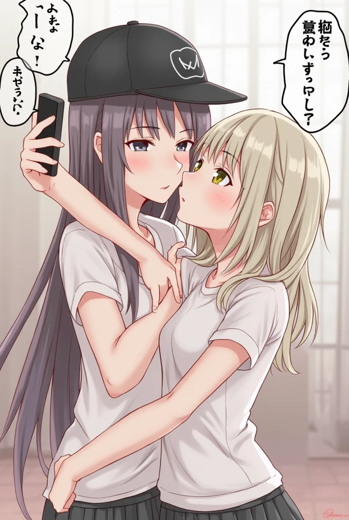 Nudist blonde girl crouching with smartphone、Lots of close elementary school boys looking at each other with curiosity、surround each other's face、naked recording screen、in group photograph、Group Selfies、from side