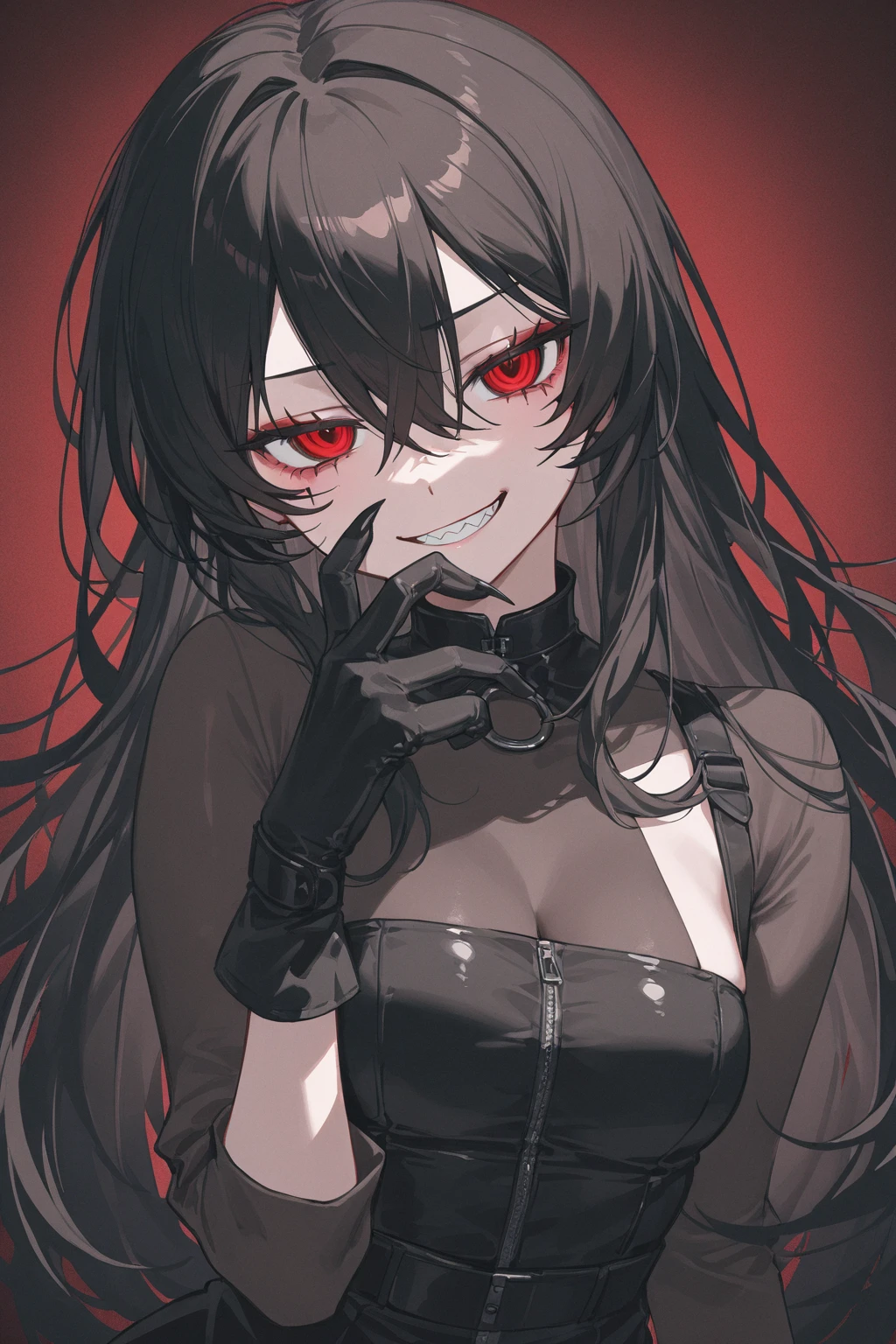 ((masterpiece)), high resolution,(best quality), from above, (Dark Goth Style) small, chest, upper body shot, thin body, oversized clothes, smile, (crazy smile), (open mouth), sharp teeth, (sexy makeup), hand on face