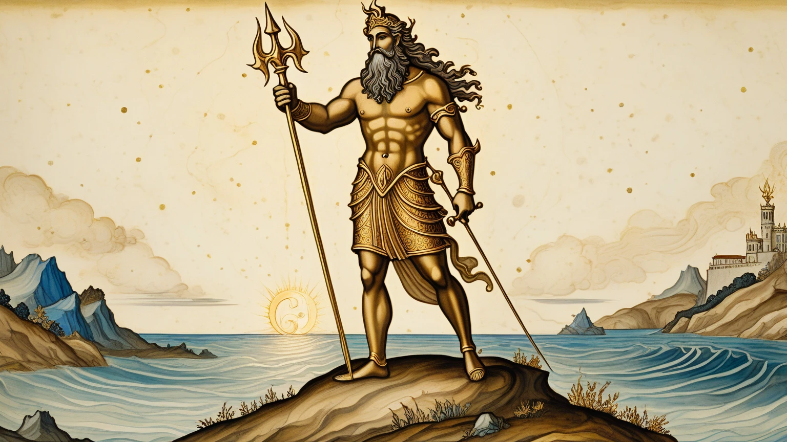 (8k, Highest quality, masterpiece),(Realistic, RAW Photos, Super Fine Clear), Realistic Light, mural, Beautiful girl mosaic, Beautiful mosaics, ((Greek Mythology, Poseidon, Ancient Greek Costume))