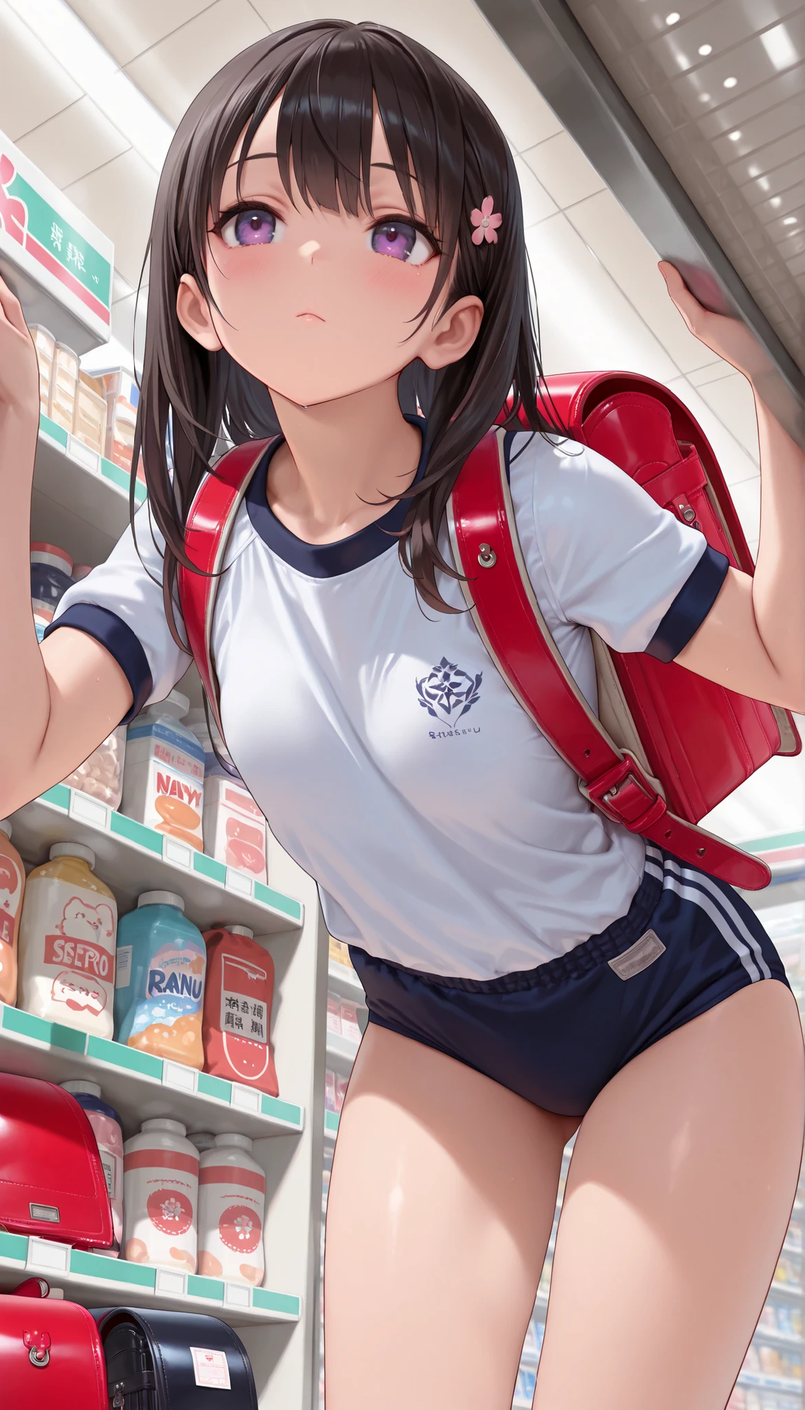 gym storeroom, shigure, ahoge, brown hair, blue eyes, braid, hair ornament, hair over shoulder, long hair, single braid, hair flaps, (masterpiece, best quality:1.2), illustration,8k,hd,long hair, single braid, clenched fist、white panties、white gym uniform