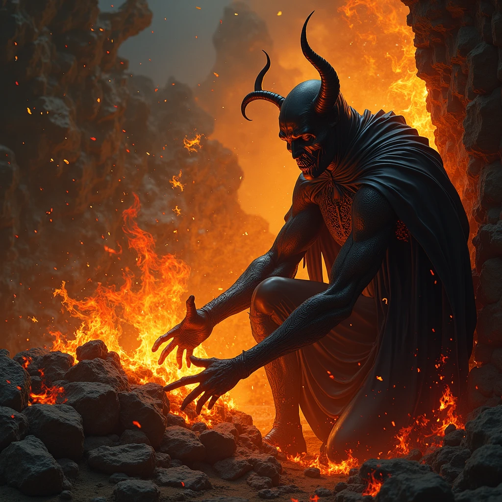 Baphomet: the goat devil, hellish, goat devil, hellish horror, glowing red eyes, flames, evil encarned, goat head, horrifying, pentagrams, hell, black goat, (hyper_realistic_textures: 1.9), (hyper_realistic_baphomet: 1.9), standing up, absolute demon goat, horrifying, (wearing a long_cloth_made_of_running_liquid_blood: 1.9), (extremely_intimidating: 1.9), (god-like_imponence: 1.9), flames and power, giant, imense, (extremely_exageratedly_elegant_posture: 1.9), (alone: 1.9), cinematic lighting