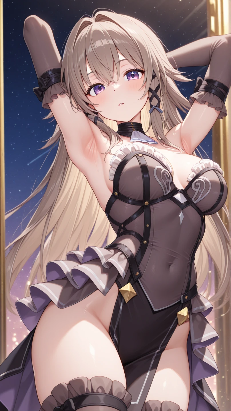 (masterpiece, 4K resolution, megami magazine, Very detailed), (((1girl yomi)))、Long Hair、Mischievous face、(((Micro Bikini)))、((Erect nipples))、(((Underbust)))、Put your arms behind your head、Big Breasts、pov