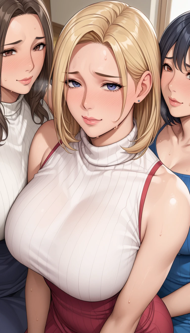 (8k, RAW photo, best quality, masterpiece:1.2),
2girls:1.2,multiple girls,mature female,smile,blonde hair,gigantic breasts, cleavage,white dress,kissing, looking at viewer,