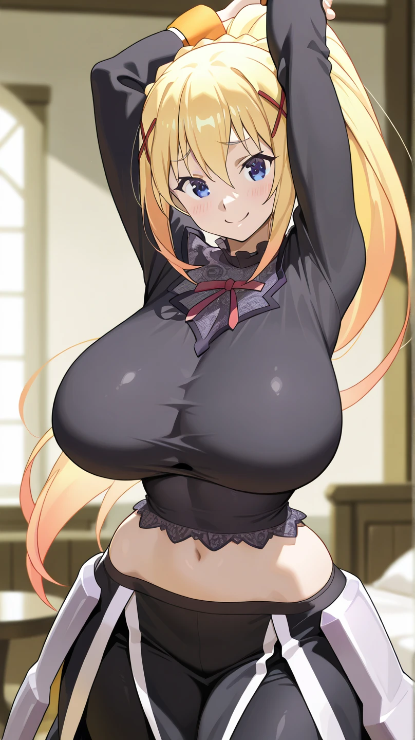 One girl,alone,retina,masterpiece, Awards, high quality, High resolution, High resolution, 4K,8K,high quality, Gal,breast focus,(Super big breasts:1.9),A faint smile,Oily skin,Underside of the chest,(Hands on chest:1.9),(Black Usa Ears:1.5),White clothes,Baby Face,(low length,small:1.4),(Roll up your black tank top:1.7),(Elbow to chest pose:1.3),(Half-open eyes:1.5),(Chest shaking violently:1.7),Strading,(Nipples:1.6),(Wicked Smile:1.5),Blonde,Twin tails,garter belt,Knee-high tights