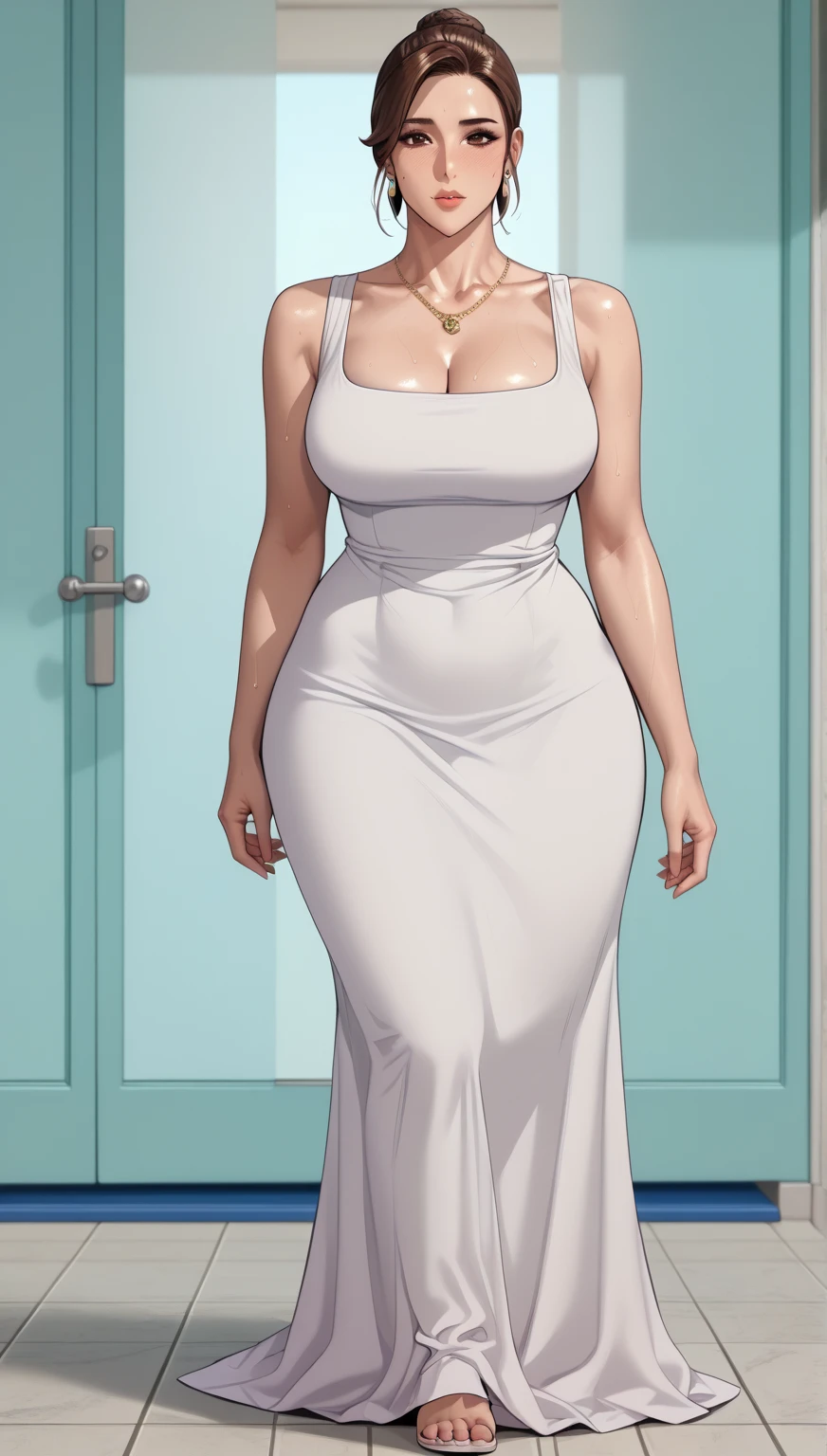 ((full body, standing her 2 feets tgether) (Holli Would) MILF BIMBO, 1girl, large breasts, gigantic breasts, huge breasts, heavy breasts, short hair, silver hair, light skinned female, leaving the bathroom, steamy bathroom, pov oppening a bathroom door, drying yourself with a towel, with the torso wrapped in a furry towel, pov vision