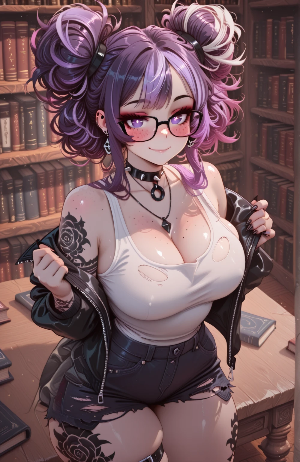 <lora:altbabes:0.7> 4ltb4b3s woman, library, glasses, tattoos, (blue|purple|green|orange) dyed hair, masterpiece, 8k, high resolution, shallow depth of field, sharp focus