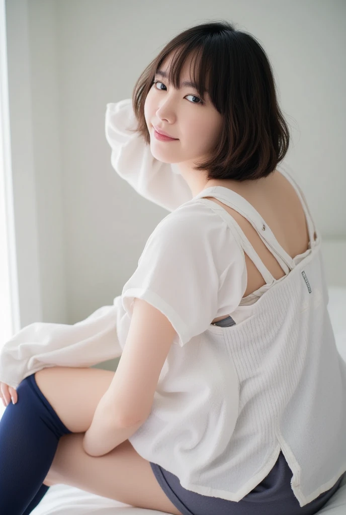 Tabletop, Beautiful woman, (30 years old、Japanese), (Background of a large window with a view of the sea、mechanical、Villa Area、Seaside Mansion、High ceilings、White wall、White floor), all fours, Looking back,(((White Tank Top、Bare skin legs))), (((short hair、Bob Hair, Brown Hair))), (D cup breasts:1.3)、feet, (Skin Texture:1.2), highest quality, 超A high resolution, (Realistic: 1.4), RAW Photos, , Nikon D850 film stock photo, f1.6 Lenses, Rich colors, Realistic, Cinestill 800, Backlight, Rim Light, Studio Lighting, (Bright smile:1.5)