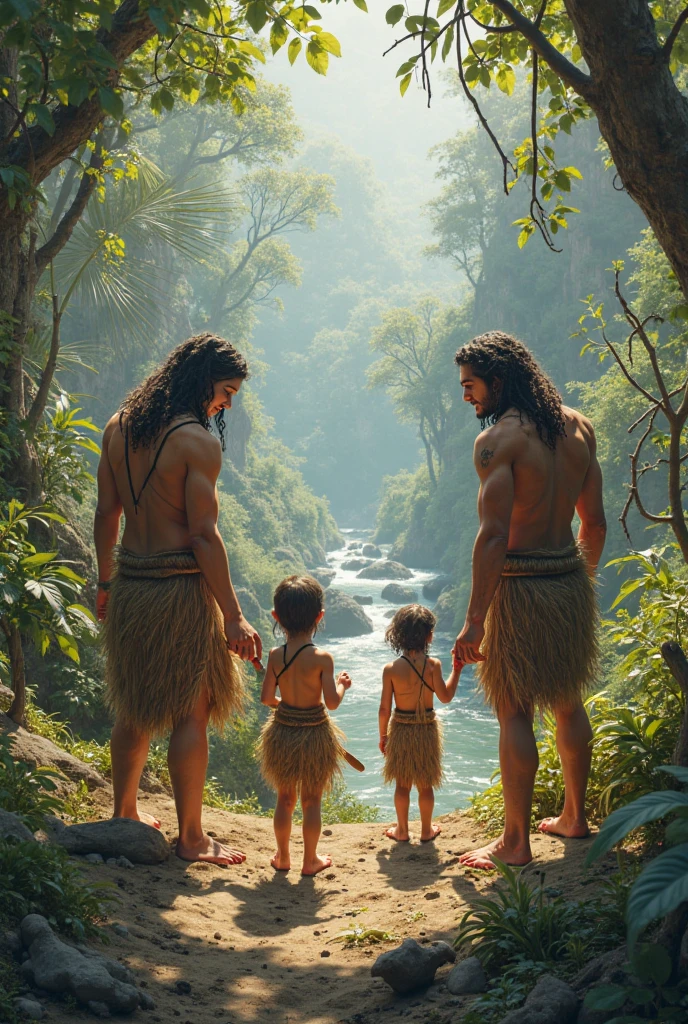 Create a realistic image of Adam, the first man according to the Bible, reunited with their descendants in a lush prehistoric environment. The scene should capture Adam in a vibrant garden, surrounded by various representations of his sons and daughters, reflecting the diversity and vitality of humanity. The fund must include fruit trees, colorful flowers and a radiant sky, symbolizing the abundance of creation. The descendants of Adam must be dressed in simple clothes, made from natural materials, interacting with each other, playing and exploring the nature around, conveying a sense of harmony and family unity.